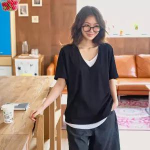 골지 레이어드 배색 브이넥 반팔 티셔츠 무지 여성 빅사이즈