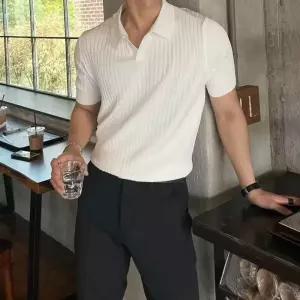 남성 베이직 노단추 카라 니트 반팔 티셔츠 캐주얼룩