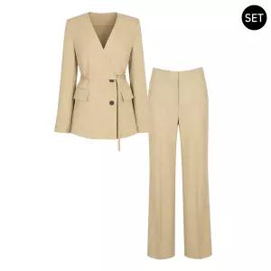 SET 여성 클로즈 랩 봄여름 벨티드 정장 자켓+팬츠