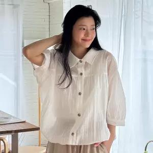 주름 7부 퍼프 카라 블라우스 밑단스트링 여성 빅사이즈
