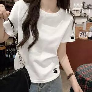 [헬렌] 반팔 면 티셔츠 라운드넥 베이직 심플 고양이 캐릭터 기본티 캣캣면반팔티 T-057
