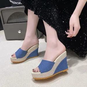 여성용 여름 가보시 플라워 웨지힐 슬리퍼 10cm 통굽 샌들