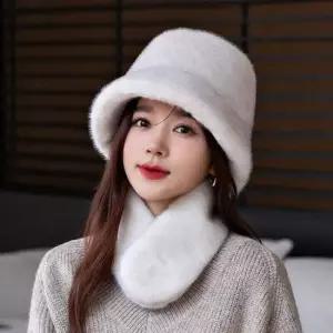 여성털모자 밍크 페이크 퍼 겨울 여성 골프 모자 버킷햇+머플러