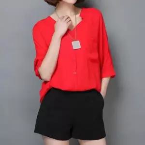 쉬폰블라우스 여성 여름 간절기 브이넥 쉬폰 루즈핏 반팔 블라우스