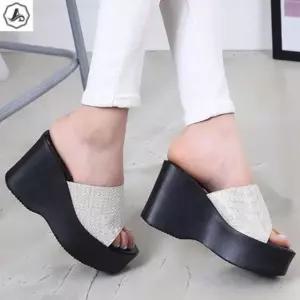 [애슬릿] 통굽 슬리퍼 굽높은 글리터 스트랩 웨지 플랫폼 사무실 10cm
