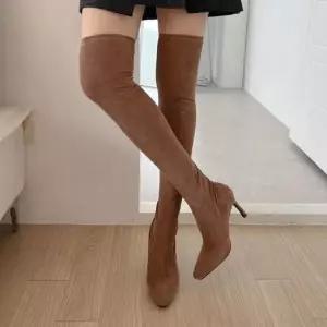 여성롱부츠 스판 스웨이드 롱부츠 하이힐 니 하이 첼시 부츠