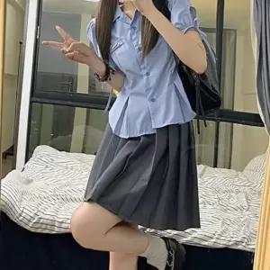 스카이블루 핀턱 리본 반팔 블라우스 세라복 교복세트
