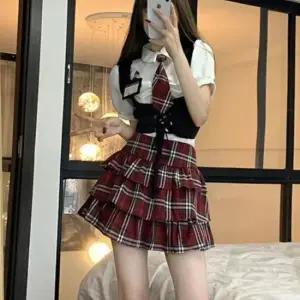 화이트 반팔퍼프 블라우스 레드체크치마 세라복 교복
