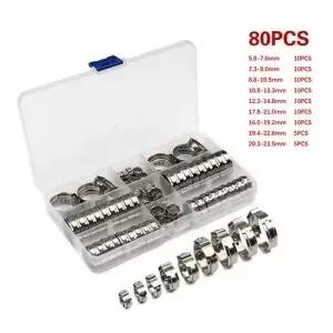 80pcs 스테인레스 스틸 귀 무단 클램프 웜 드라이브 워터 호스 파이프 클립 신치 링 압착 도구 키트