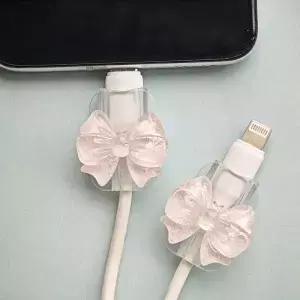 2Pcs 사랑 핑크 보우 실리콘 충전기 케이블 보호대 슬리브 홀더 클립 브레이크 투명 코드 커버 랩