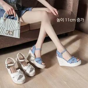 여성 데님 웨지힐 샌들 캐주얼 바캉스 하이힐