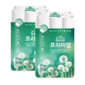 [셀러허브]100% 천연펄프 행운드림 프리미엄 3겹 30m 2팩 화장지 휴지 비데겸용 두루마리 (S29543935)
