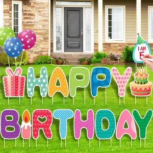 16개의 생일 축하 마당 표지판 말뚝이 달린 15인치 대형 야외 잔디 장식 쓰기 가능한 화이트보드 및 3개의