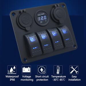 LED 스위치 패널 4갱 보트 로커 해양 방수 알루미늄 3.1A 듀얼 USB 소켓 + 12V 전압계