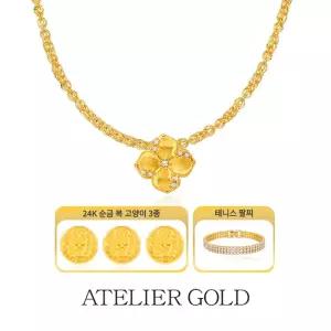 24K 순금 볼륨 체인 클로버 목걸이 + 24K 순금 고양이 오브제  3종 + 테니스 팔