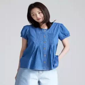 리 우먼 데님 반팔 블라우스 인디고 미듐 린넨 코튼셔츠 LE2602SS63IM 6185126