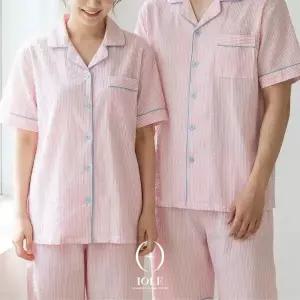 핑크 블룸 스트라이프 반팔 커플잠옷 상하세트 지지미 여름 파자마 데일리 홈웨어