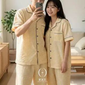 남여 커플잠옷 반팔 파스텔 버터 옐로우 체크 파자마 상하세트