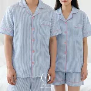 스카이 블룸 스트라이프 여름 커플잠옷 반팔 반바지 상하세트