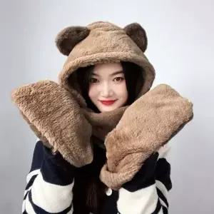 일체형 후드 머플러 브라운 장갑 귀여운 넥워머 방한 목도리