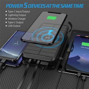 태양광 보조배터리 43800mAh, 4개 태양광 패널 무선 충전 기능 탑재, 아이폰 15, 화웨이, 샤오미, 삼성용