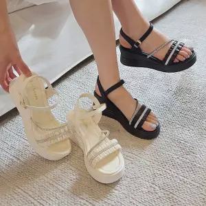 [디아슈즈]포렌 큐빅 주름 스크랩 통굽 키높이 샌들 6cm
