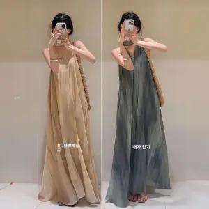 여성 여름 롱원피스 데일리룩 플레어 휴양지 메쉬