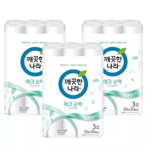 깨끗한나라 에코 순백 엠보싱 3겹 30m 30롤x3팩 총90롤 화장지