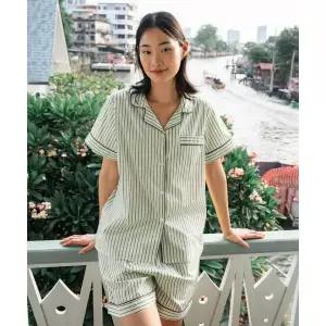OGGITT w스탠다드 빈 스트라이프 파자마 반소매세트 그린레몬