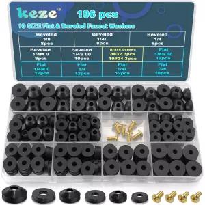 KEZE 106 PCS 10 사이즈 수도꼭지 세척기 모듬 키트와 황동 비브 나사 플랫 및 베벨 고무 DIY 야외 스템