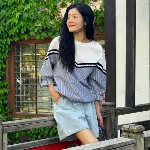 스트라이프 배색 7부 퍼프 블라우스 티 밑단스트링 여성 빅사이즈