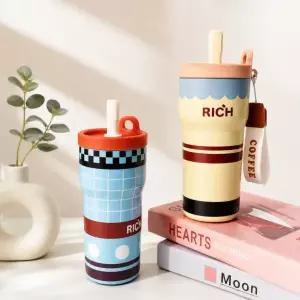 316스텐 550ml 리치 텀블러 보온보냉 휴대용 대용량 빨대 이중구조 커피잔 맥주잔 사무실컵 캠핑컵