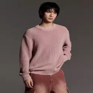 무신사 스탠다드 피그먼트 리브드 크루 넥 니트 스모크 핑크 906379