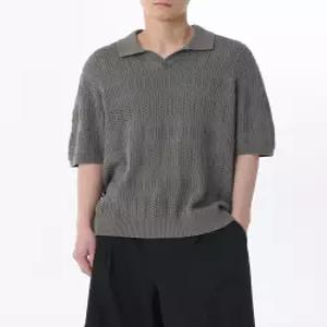 무신사 스탠다드 멀티 크로셰 슬릿 넥 니티드 폴로 셔츠 카키 그레이 3438201