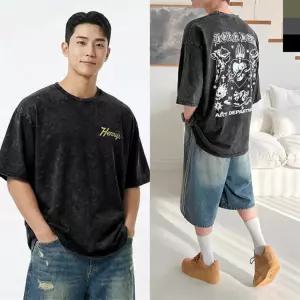 남자 힙한 빈티지 레터링 세미오버핏 반팔 티셔츠