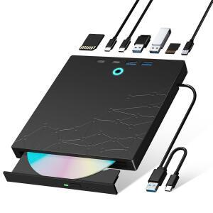 노트북용 Xadioei 외장 CD/DVD 드라이브, DVD 버너 CD 리더, SD /TF 포트가 있는 8-in-1 USB 3.0 휴대용 플레이어, Windows 11 10 PC Linux OS용 디스크 드라이브 옵티컬