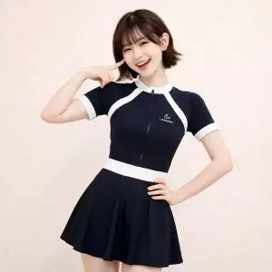 주니어 여아 반팔 집업 원피스 수영복 플레어 스커트 래쉬가드 실내수영복