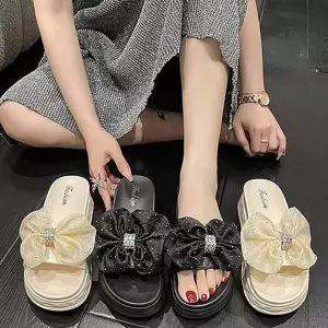 [하프클럽/셀러허브_아웃도어]여성스런슬리퍼 여름 쉬폰 통굽 리본 슬리퍼