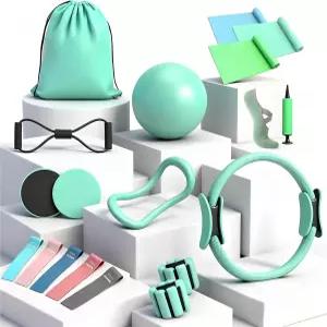 19PCS 필라테스 키트 민트 그린 여성용 홈 운동 14인치 링과 볼 발목 무게 저항 밴드 위한 양말 액세서리