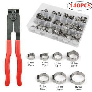 140pcs 304 스테인레스 스틸 단일 귀 무단 호스 클램프 7-21mm 클립 펜치 모듬 키트