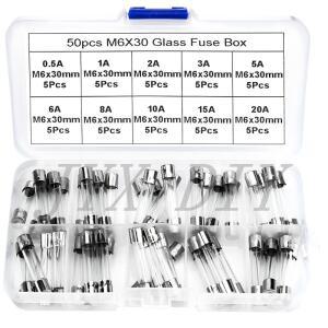 50개 6x30mm 유리관 퓨즈 0.5A-20A 자동 회로 보호 키트
