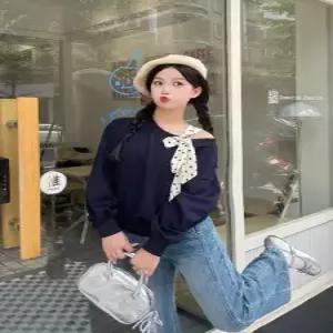 남색 여친 가을 티셔츠 이른 풀오버 넥 상의 셔츠 맨투맨 끈 쇼트 오프숄더 봄가을 admr3
