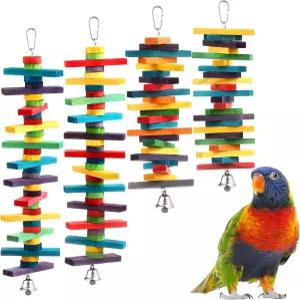 다양한 색상의 천연 나무 블록이 있는 4Pcs 새 앵무새 장난감 대형 중간 크기 위한 씹기 Macaws 사랑하는