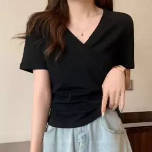 여성 랩 반팔 티셔츠 꾸안꾸 반팔티 브이넥 슬림핏