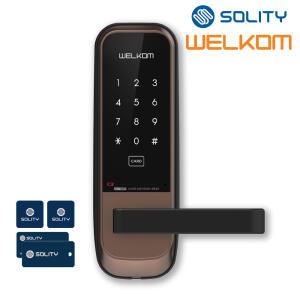 솔리티 웰콤 WL-205 목문용 무타공 카드키4개+번호키 백세트조절가능 무음모드 비상전원 방문손잡이 사무실 병원 연구실 나무문 판넬문 샷시문 패션문 ABS도어 현관문 디지털도어락