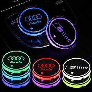 1/2개 LED 자동차 배지 엠블럼 컵홀더 로고 조명 USB 충전 발광 코스터 (아우디 S라인 장식 액세서리)