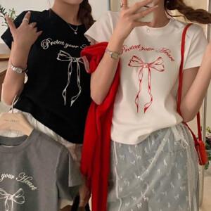 더벨러리 1+1 여성 프린팅 캡소매 반팔 티셔츠 BCT5153 레터링 라운드넥 캐쥬얼