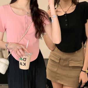 더벨러리 1+1 여성 골지 헨리넥 반팔 티셔츠 BCT5137 밑단 라운드 굴림 크롭 숏 캐쥬얼