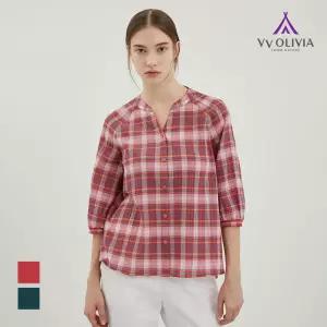 [비비올리비아] 와이넥 체크 블라우스_VVCNL4M4286