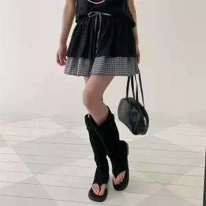 [하프클럽/]여자 셔링 스트링 레이어드 체크 미니스커트